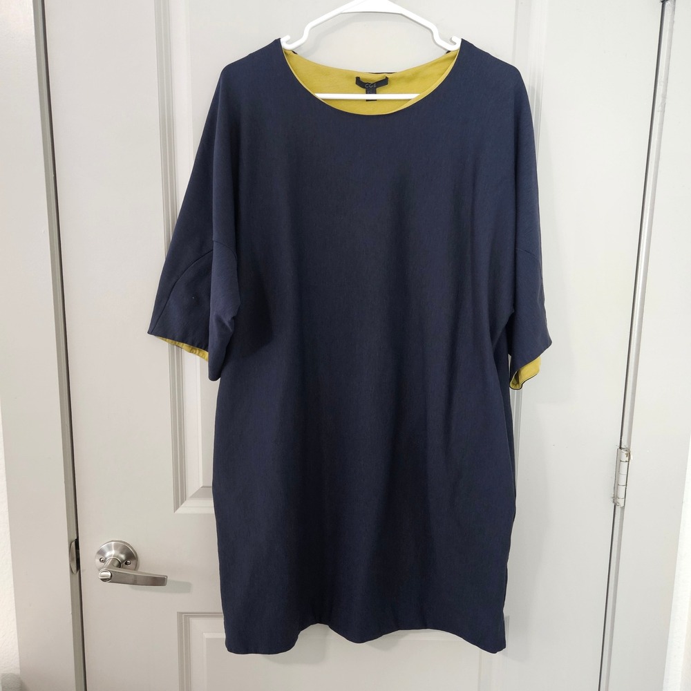 COS Navy Blue Contrast Yellow Lining Lyocell Blend Shift Dress Womens Medium